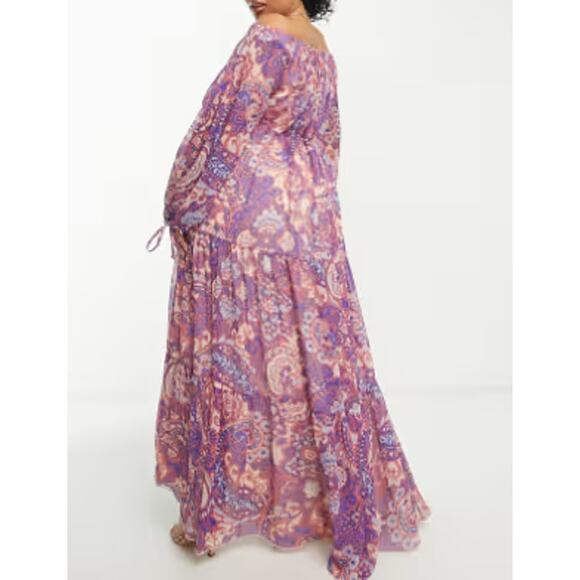 ASOS Design Curve Metallic Off-The-Shoulder Maxi Dress Purple Paisley Size 14 - Picture 2 of 12